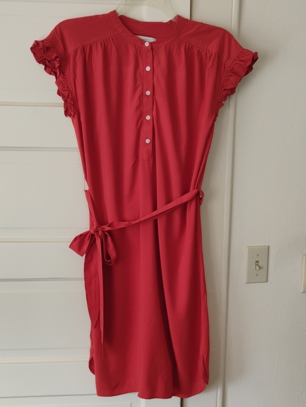 LOFT Red Short-Sleeve Button Front Dress With Ruffled Sleeve Sz M Rayon